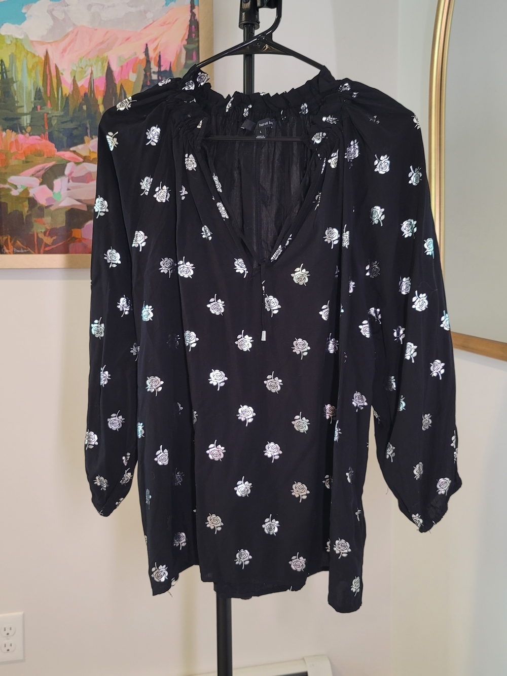 HARVE‎ BENARD Black Peasant Bouse with Silver Rose Design Women's Size L